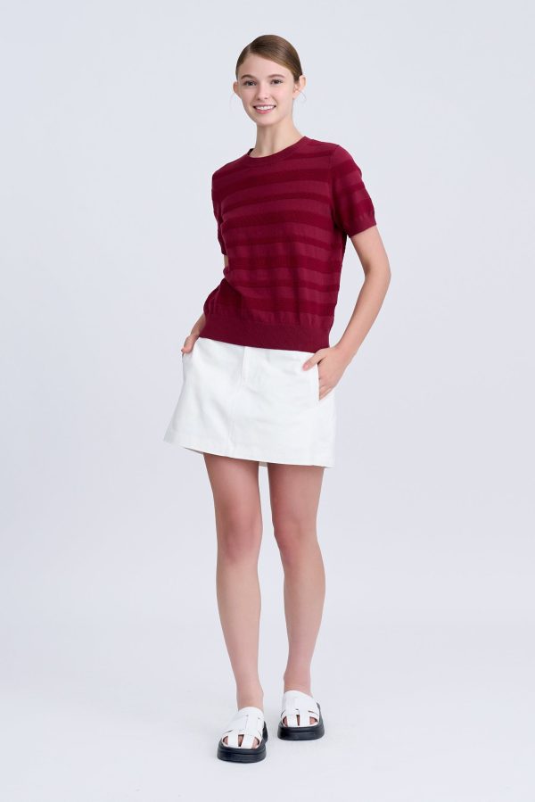 Knitted Striped Short Sleeve Top - Burgundy Online now