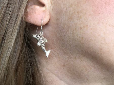 Silver earrings - Dolphin Carved Online Sale