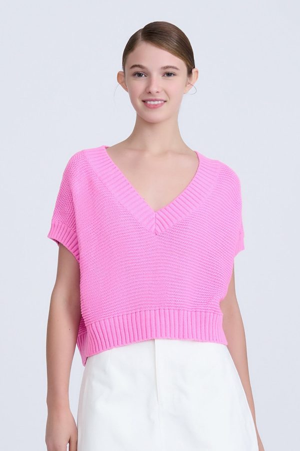 V-Neck Cropped Sweater - Pink For Discount