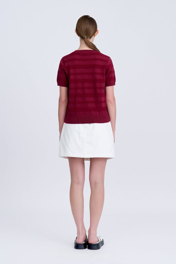 Knitted Striped Short Sleeve Top - Burgundy Online now