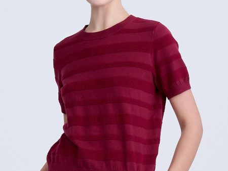 Knitted Striped Short Sleeve Top - Burgundy Online now