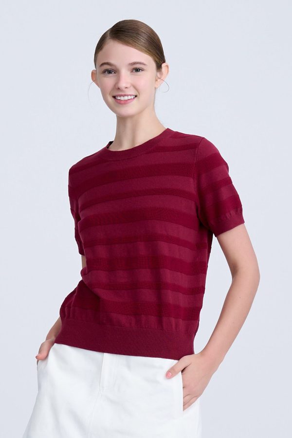 Knitted Striped Short Sleeve Top - Burgundy Online now