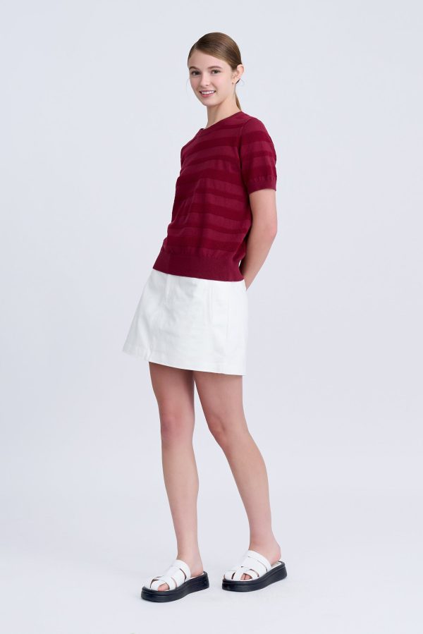 Knitted Striped Short Sleeve Top - Burgundy Online now