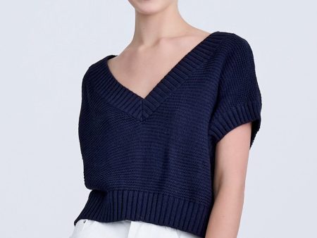 V-Neck Cropped Sweater - Navy Online now