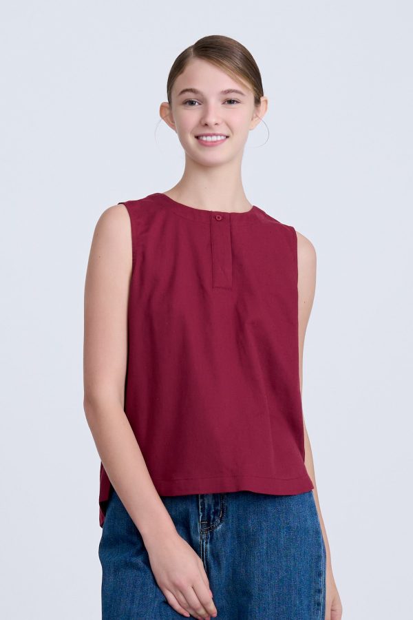 Half Placket Sleeveless Blouse - Burgundy Discount