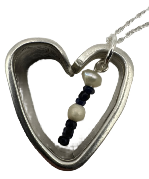 Freshwater Pearl and Black Stone Heart Necklace with Vintage Spoon Handle Pendant on Sterling Silver Chain, 20 Inches Supply