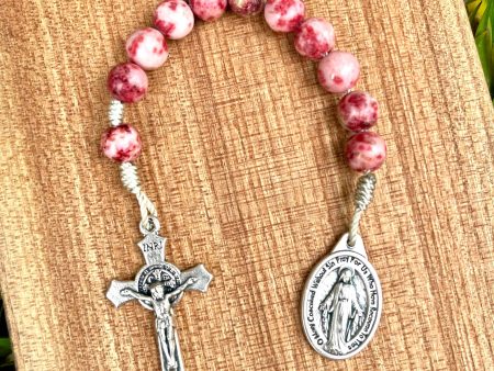 Pocket Rosary One Decade Catholic Stone Beads Pink Crazy Agate Miraculous Medal Saint Benedict Crucifix on Sale