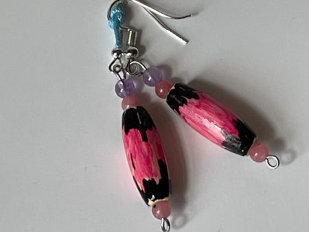 Bowling Pin Shape Wood Earrings with Pink and Black Hand-Painted Design, Amethyst Seed Beads, 1-Inch Dangle Fashion