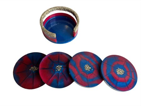 Round Resin Coasters with Holder – Red, Blue, Gold Glitter, Set of 5, 3.5  Discount