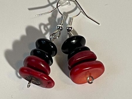 Red Jasper and Black Obsidian Saucer Bead Earrings with Silver Hook, 1-Inch Dangle Fashion