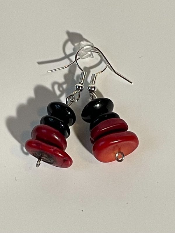 Red Jasper and Black Obsidian Saucer Bead Earrings with Silver Hook, 1-Inch Dangle Fashion