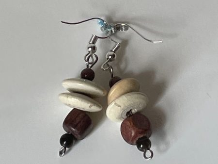 Brown Square and Beige Seed Bead Wood Earrings with Black Seed Beads, 1-Inch Dangle Cheap