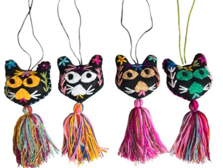 Handcrafted Kitty Embroidered Charm with Tassel - Mexican Folk Art Bag Charm & Keychain Ornament Online now