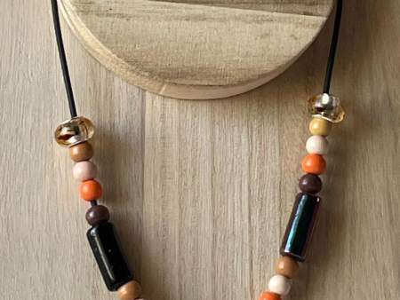 Wood Bead Necklace with Brown & Orange Glass Beads - 18-Inch Black Cord Online Sale