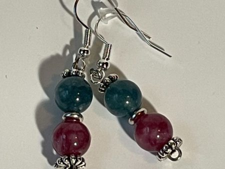 Red and Green Jade Earrings with Silver Spacer and Ear Hooks, 1-Inch Dangle Online now