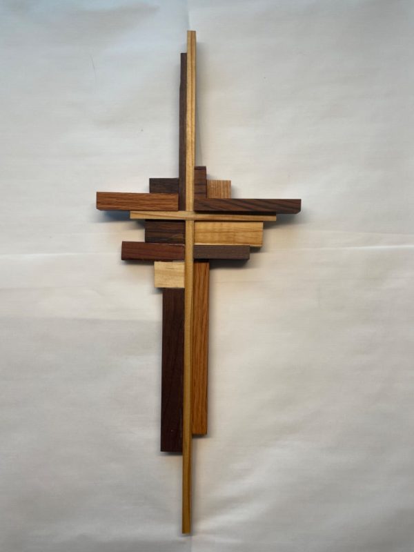 Abstract Cross with Walnut, Zebra Wood, Red Oak, Poplar, and Redwood – Artisan Wooden Wall Cross 15  x 6  on Sale