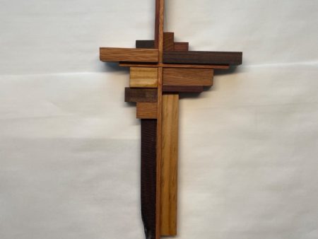 Abstract Cross with Black Walnut, White Oak, Poplar, Padauk, and Redwood – Handcrafted Wooden Religious Décor 16  x 5.5  For Cheap