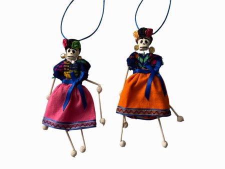 Day of the Dead Ornament Catrina Dancing Skeleton Handcrafted Skilled Mexico Artist 6.5 H Inches Clay Fabric Paper Blue Cord Cheap