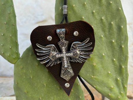 Leather Necklace with Silver Cross and Angel Wings on Leather Heart Pendant – Handmade Spiritual Jewelry 4  x 3.5  Hot on Sale