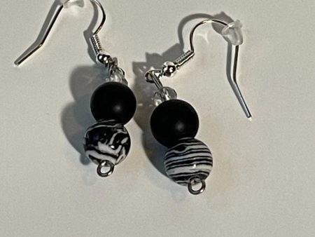 Black and White Malachite Earrings with Black Stone Beads and Silver Ear Hooks, 1-Inch Dangle Sale