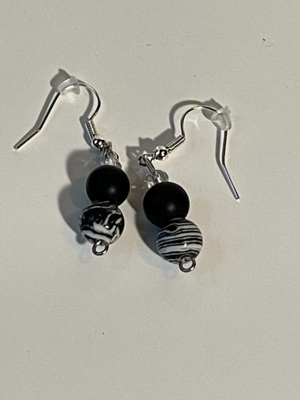 Black and White Malachite Earrings with Black Stone Beads and Silver Ear Hooks, 1-Inch Dangle Sale