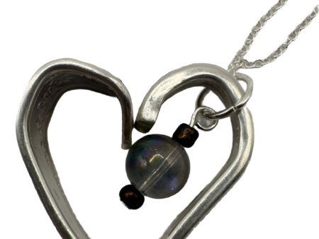 Grey Mermaid Glass and Black Stone Heart Necklace with Vintage Spoon Handle Pendant on Sterling Silver Chain, 20 Inches on Sale