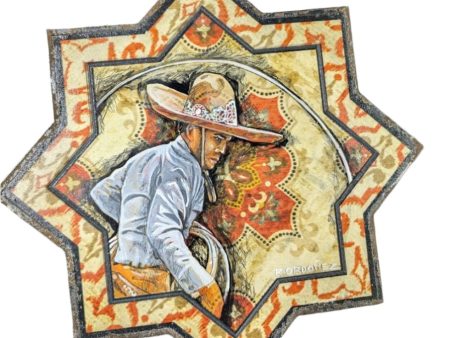 El Charro Traditional Mexican Charro Acrylic Painting on Wooden Star 17x17x1 inches For Discount