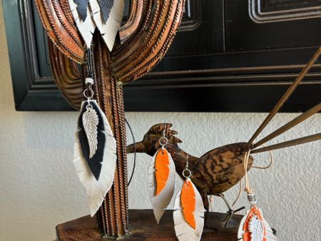 Tan Leather Necklace and Earrings Set with Orange Ostrich, Black Accents, and Charms – Unique Jewelry Online