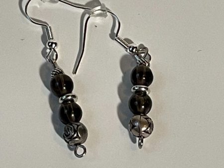 Smokey Quartz and Silver Bead Earrings with Disk Spacer, 1-Inch Dangle Sale