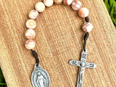 Pocket Rosary One Decade Catholic Stone Beads Peach Red Netstone Miraculous Medal Fatima Crucifix Online Hot Sale