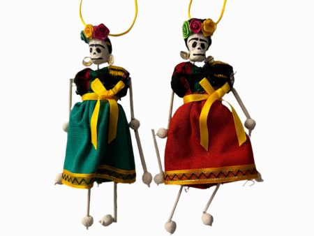 Day of the Dead Ornament Catrina Dancing Skeleton Handcrafted Skilled Mexico Artist 6.5 H Inches Clay Fabric Paper Yellow Cord Hot on Sale