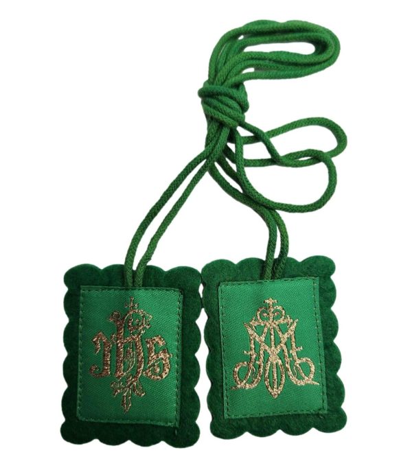 Scapular IHS Marian Symbol Green Wool Embroided For Discount