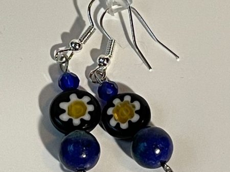 Blue Kyanite and Disk Blue Glass Bead Earrings with Flowered Silver Hook, 1-Inch Dangle on Sale