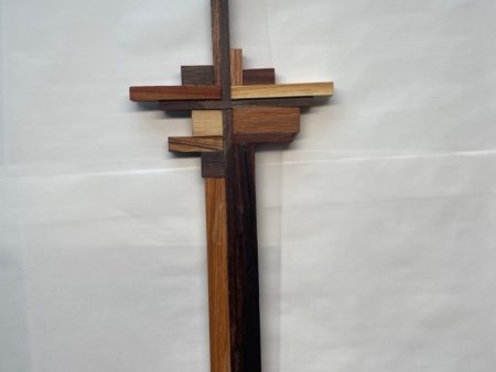 Abstract Cross with Zebra Wood, Red Oak, Poplar, Padauk, Walnut, and Redwood – Unique Handcrafted Wall Art 17  x 6  Online Sale