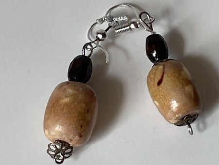 Cylindrical Dark Brown Bean Wood Bead Earrings with Bronze Bead Caps, 1-Inch Dangle Online