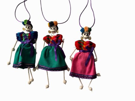 Day of the Dead Ornament Catrina Dancing Skeleton Handcrafted Skilled Mexico Artist 6.5 H Inches Clay Fabric Paper Purple Cord For Discount