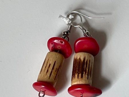 Cork-Style Wood Bead Earrings with Red Flat Stone Beads, 1-Inch Dangle For Cheap