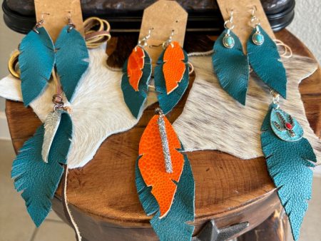 Turquoise Leather Necklace and Earrings Set with Orange Ostrich and Charms – Boho Style Jewelry Fashion