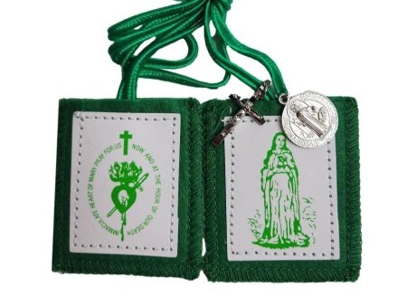 Scapular Immaculate Heart Mary Green with Medal a Cross Felt Cloth Metal Online Sale