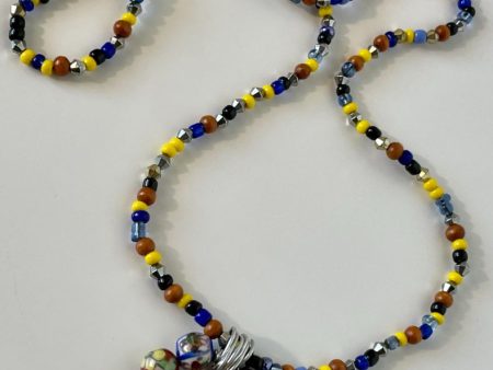 Yellow, Black, Blue, and Pecan Glass Seed Bead Necklace on Silver Wire, 24-Inch Fashion