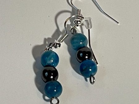 Blue Apatite and Silver Hematite Earrings with Silver Hooks, 1-Inch Dangle Discount