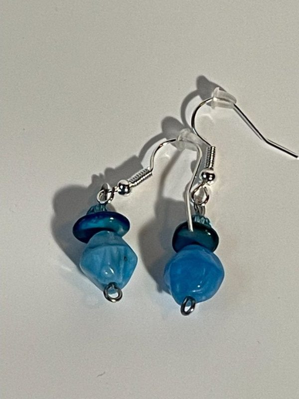 Turquoise Odd Shape Bead Earrings with Shell Topper, Silver Hooks, 0.5-Inch Dangle Hot on Sale