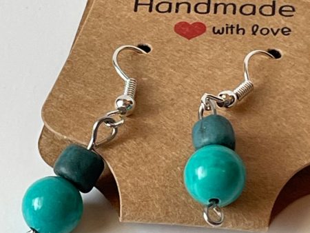 Round Turquoise Stone Earrings with Barrel Teal Bead Accents, Silver Hooks, 1-Inch Dangle For Cheap