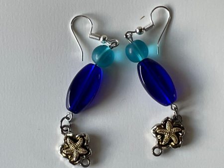 Deep Blue Glass Bead Earrings with Starfish Charm - 2-Inch Turquoise Dangle Supply