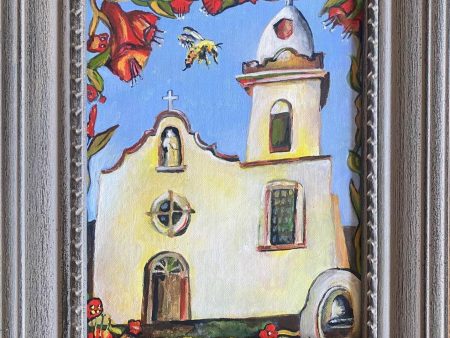 Ysleta Mission Original Acrylic Painting - 12x14 Canvas Board in Decorative Gray Wood Frame Online Sale