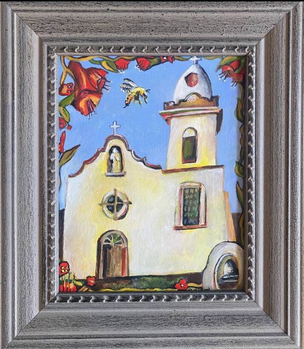 Ysleta Mission Original Acrylic Painting - 12x14 Canvas Board in Decorative Gray Wood Frame Online Sale