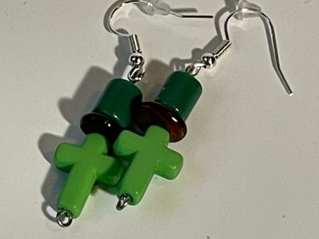 Green Stone Cross Earrings with Brown Shell Beads, 1-Inch Dangle Online