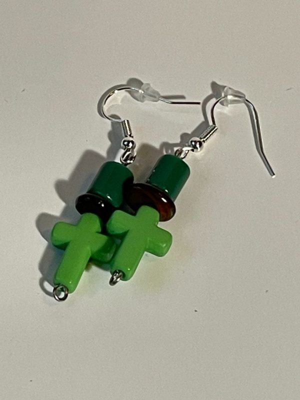 Green Stone Cross Earrings with Brown Shell Beads, 1-Inch Dangle Online