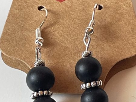 Black Stone Bead Earrings with Silver Spacers and Hooks, 1-Inch Dangle Online Sale