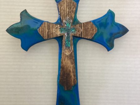 Blue & Green Resin Cross on Wood - Sparkle Resin with Cross in Middle 13.5  x 9  For Cheap